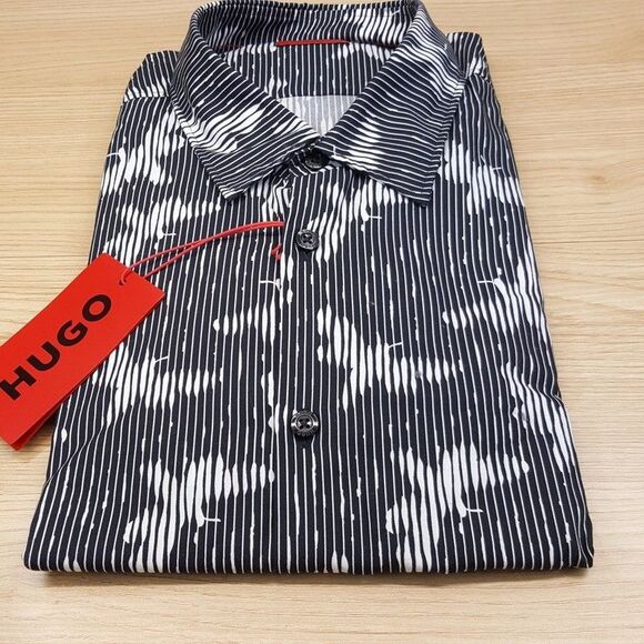 HUGO BOSS Shirt Mens XXL Black Button Up Slim Fit Textured ERMO Butterfly $128 - Picture 3 of 6